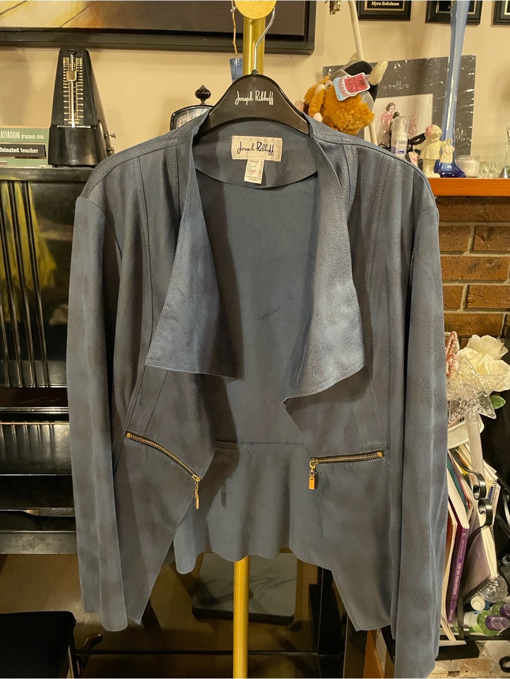 Joseph Blue Faux Suede Open-Front Jacket with Gold Zippers Style 153496
